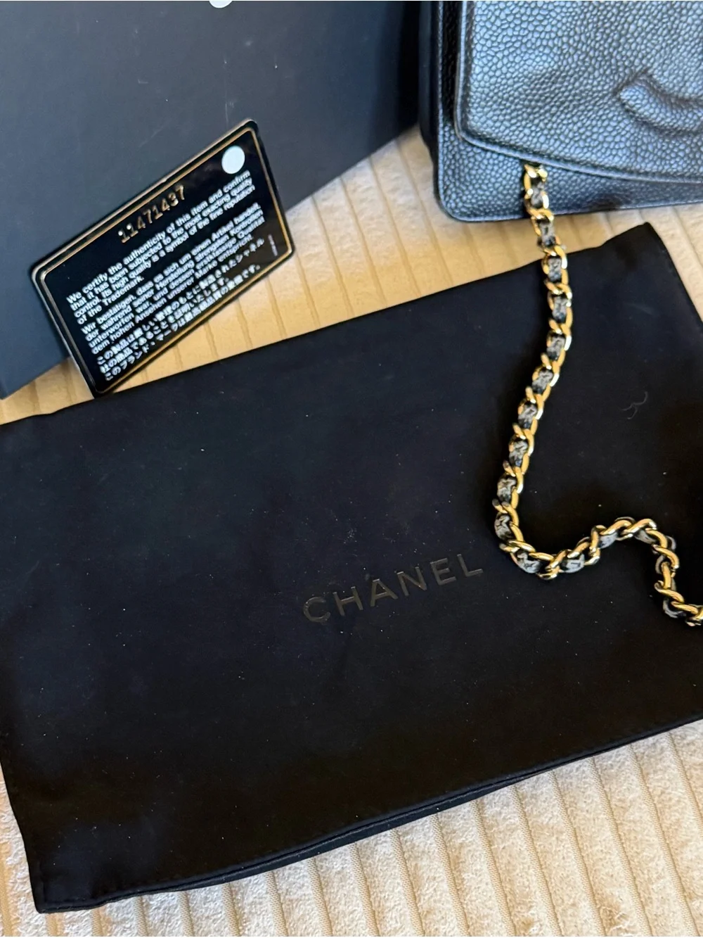Vintage CHANEL caviar leather bag, suede dust bag, box and authenticity card 8x5